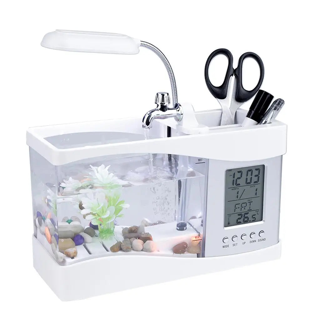 LED Mini USB Desktop Aquarium with LCD Clock Display, Pebbles & Fish Tank Decoration - Ideal for Betta Fish