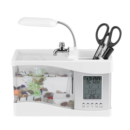 LED Mini USB Desktop Aquarium with LCD Clock Display, Pebbles & Fish Tank Decoration - Ideal for Betta Fish