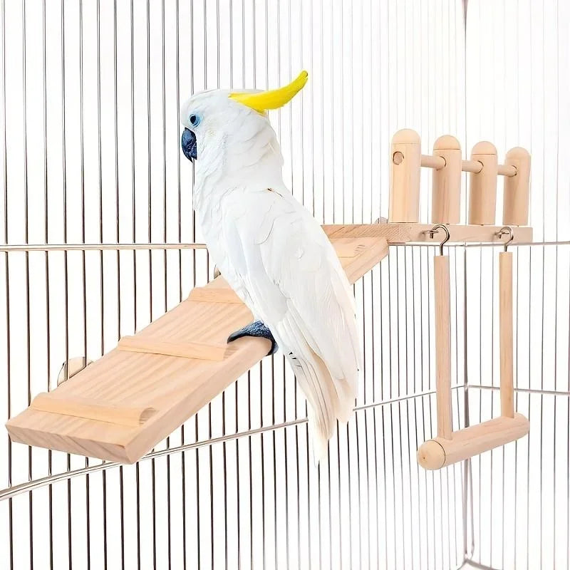 Bird Perches Platform Swing Climbing Ladder Toy Parrot Cage Accessories Wooden Playing Gyms Exercise Stands Parrot Cage Toys Set