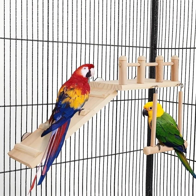 Bird Perches Platform Swing Climbing Ladder Toy Parrot Cage Accessories Wooden Playing Gyms Exercise Stands Parrot Cage Toys Set