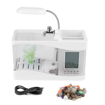 LED Mini USB Desktop Aquarium with LCD Clock Display, Pebbles & Fish Tank Decoration - Ideal for Betta Fish