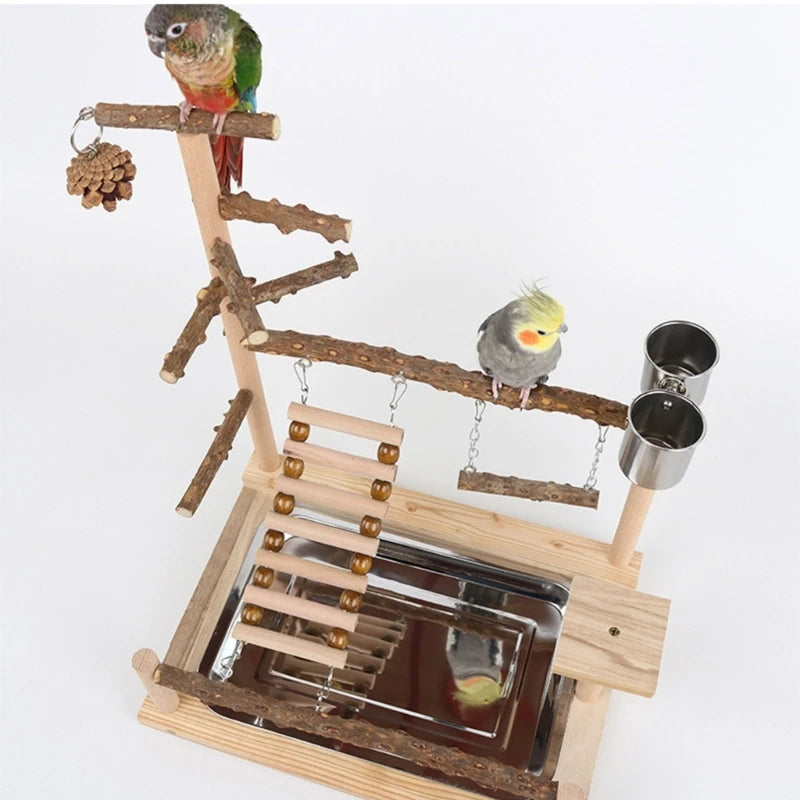 Bird Swing Toy Wooden Parrot Perch Stand Playstand with Chewing Beads Cage Playground Bird Swing Toy Wooden Parrot Perch