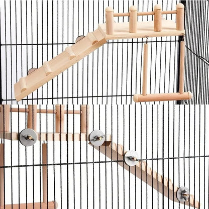 Bird Perches Platform Swing Climbing Ladder Toy Parrot Cage Accessories Wooden Playing Gyms Exercise Stands Parrot Cage Toys Set