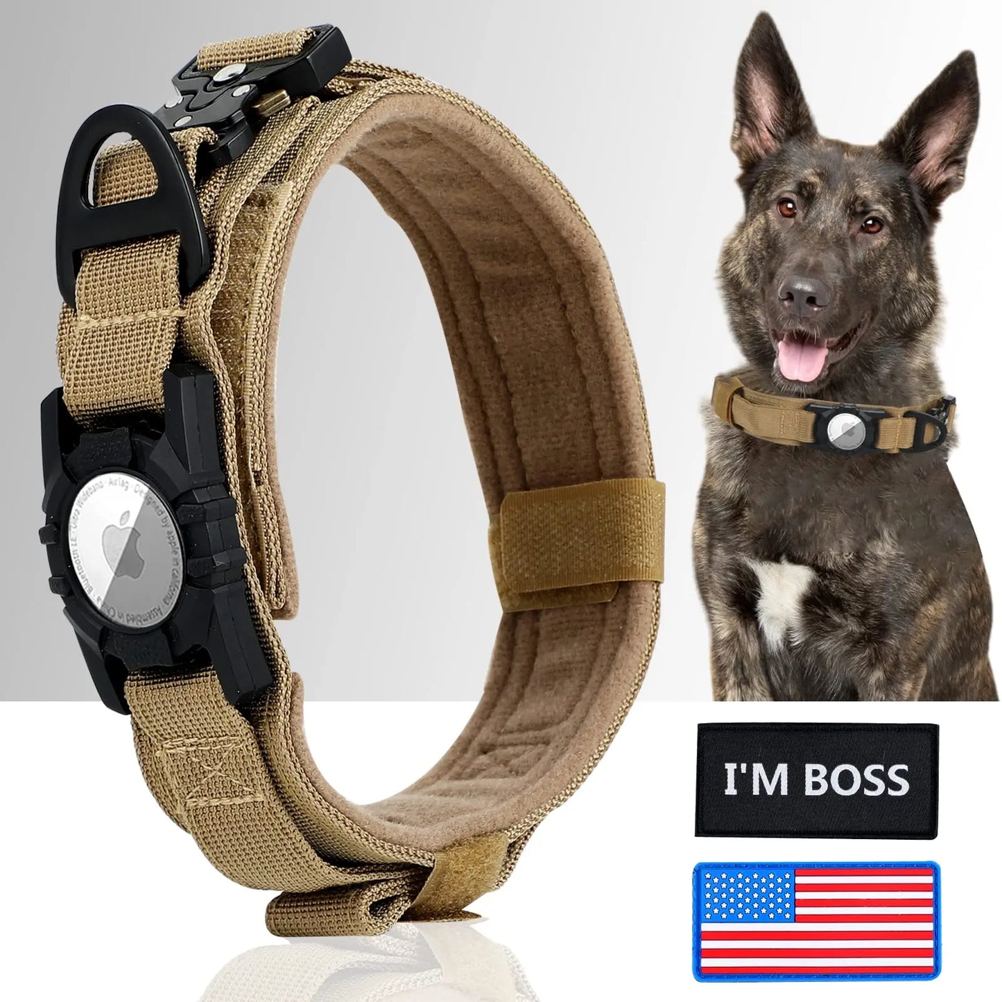 AirTag Tactical Dog Collar, with AirTag Holder and Handle Military Dog Metal Buckle Adjustable GPS Collar for Medium Large Dogs