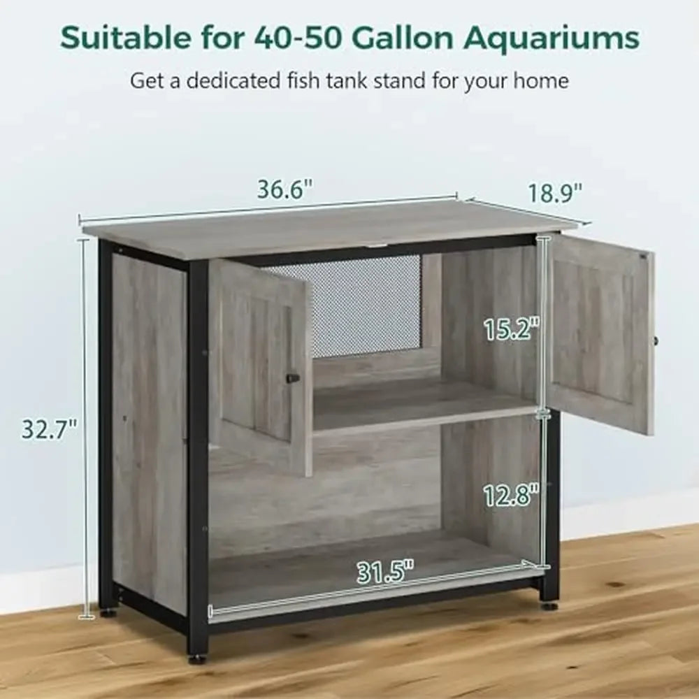 Metal Aquarium Stand with Cabinet 40-50 Gallon Fish Tank Accessories Storage Reptile Turtle Terrarium Table Bearable Mesh Design